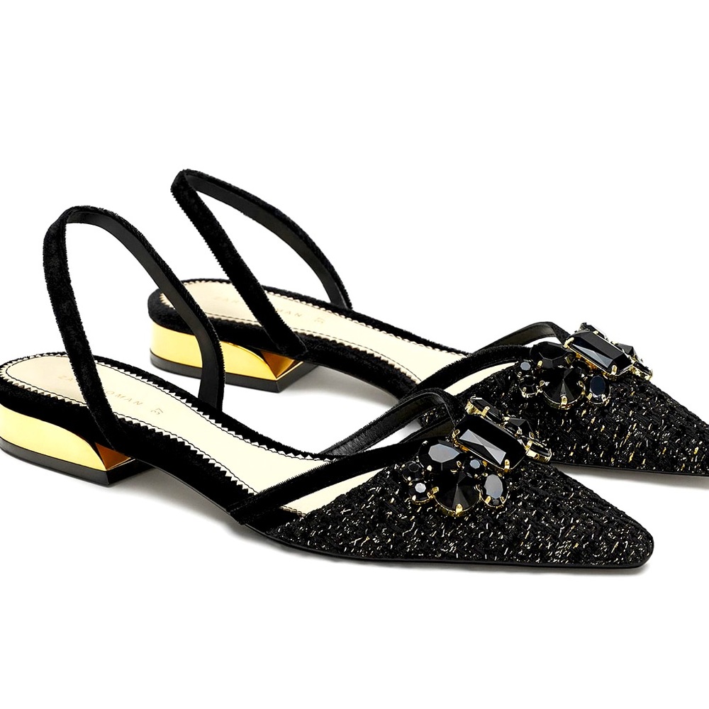 NWT Zara Black Tweed Bejeweled Slingback Flats